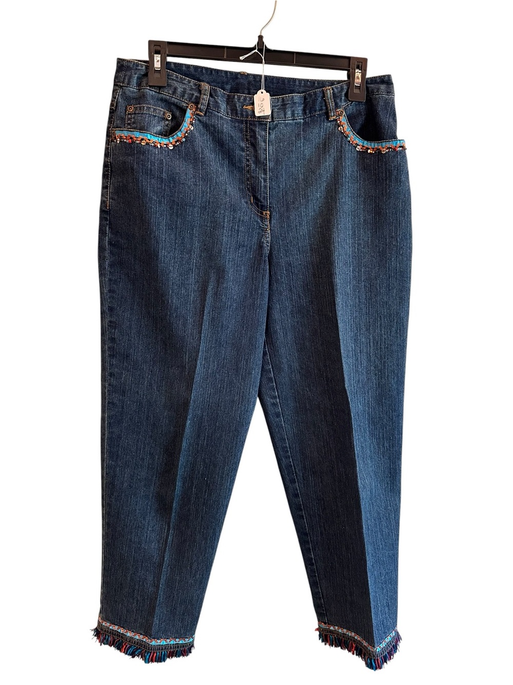 Ruby Rd. Dark Blue Beaded Pocket & Hem Straight Jeans